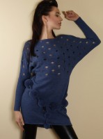 Blue knit dress with pom pom belt